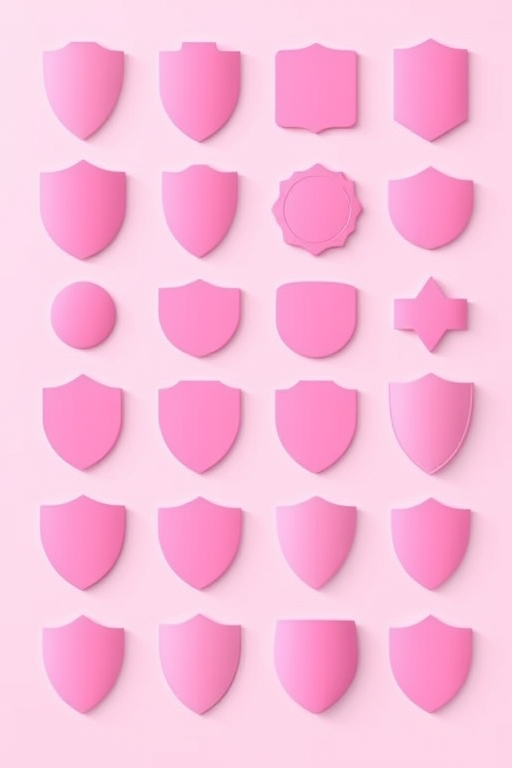 Generate an array of various shield shapes in a symmetrical grid format, with a vibrant pink color and smooth edges, using a high-resolution camera with f/2.8 aperture, ISO 100, 50mm lens, top-down view, minimalistic style, and natural lighting for enhanced clarity and contrast.