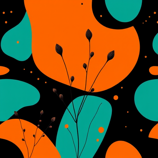 Create a high-resolution abstract pattern image featuring organic shapes in orange, teal, and black, with delicate line art of plants and scattered dots, shot with a DSLR camera at f/4, ISO 100, 35mm lens, top-down view, natural soft lighting.