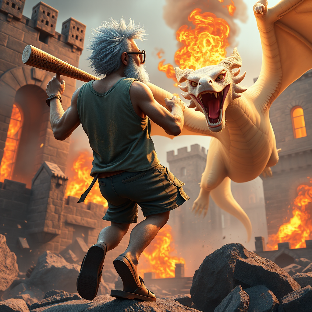 Cartoon 3D High-Resolution,dynamic battle scene using Unreal Engine 5 and Octane Render. The scene features back of an elderly, thai man with a beard,messy hair and round golden-rimmed glasses. He is wearing a tattered tank top with soot marks, shorts, and sandals. sweating. he wields a baseball bat. He jump to fight with a white fire-breathing Europe dragon amidst a partially destroyed stone castle. Include intense flames, smoke, and debris to enhance the dramatic effect.