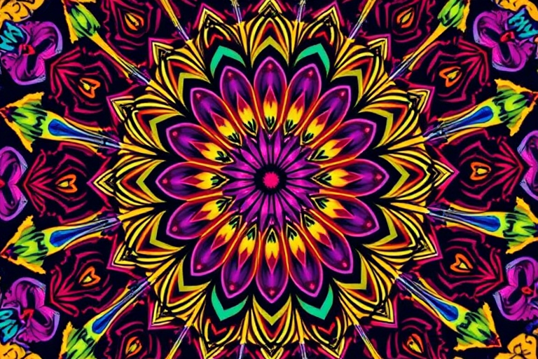 Create a vibrant mandala design with intricate patterns and vivid colors, using a Canon EOS R5 camera, 50mm lens, f/8 aperture, ISO 100, with a top-down view and high dynamic range imaging for enhanced detail and clarity.