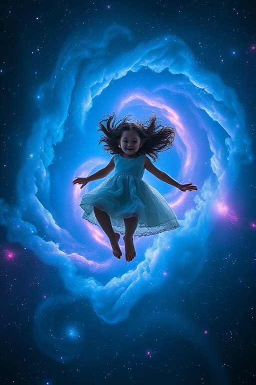Create an image of a girl floating in a cosmic scene with swirling blue and purple nebulas, captured with a DSLR camera at f/1.8, ISO 200, 50mm lens, using a top-down view style for enhanced detail and depth.