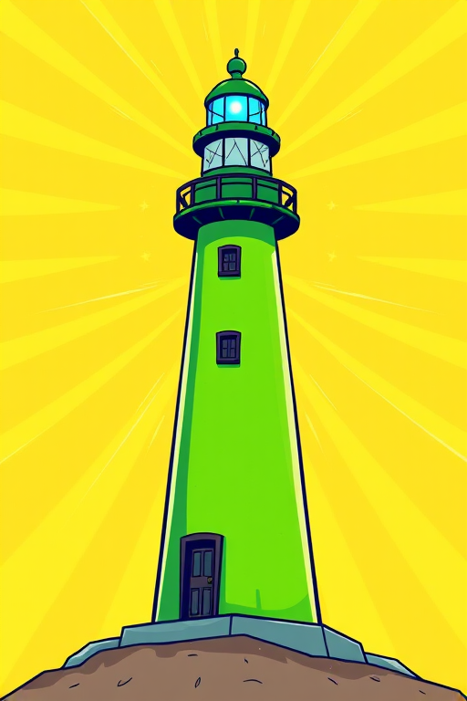 Create a vibrant, cartoon-style illustration of a tall green lighthouse with a blue light at the top, set against a bright yellow starburst background, captured with a DSLR camera, f/5.6 aperture, 24mm lens, in natural light for enhanced color saturation and clarity.