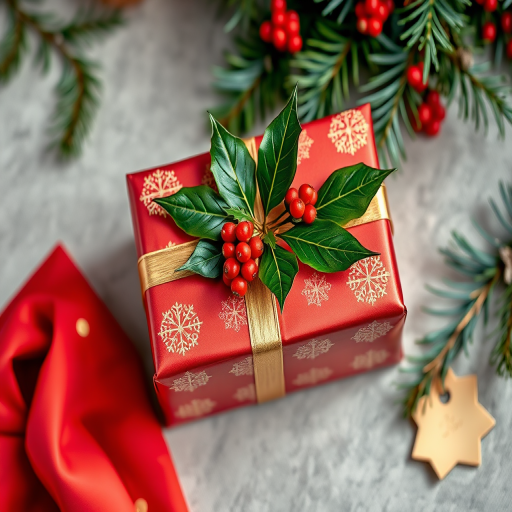 Generate a high-resolution image of a beautifully wrapped Christmas gift with red and gold wrapping paper, featuring holly leaves and berries, captured with a DSLR camera at f/1.8 aperture, 50mm lens, in a top-down view with soft natural lighting to enhance colors and details.
