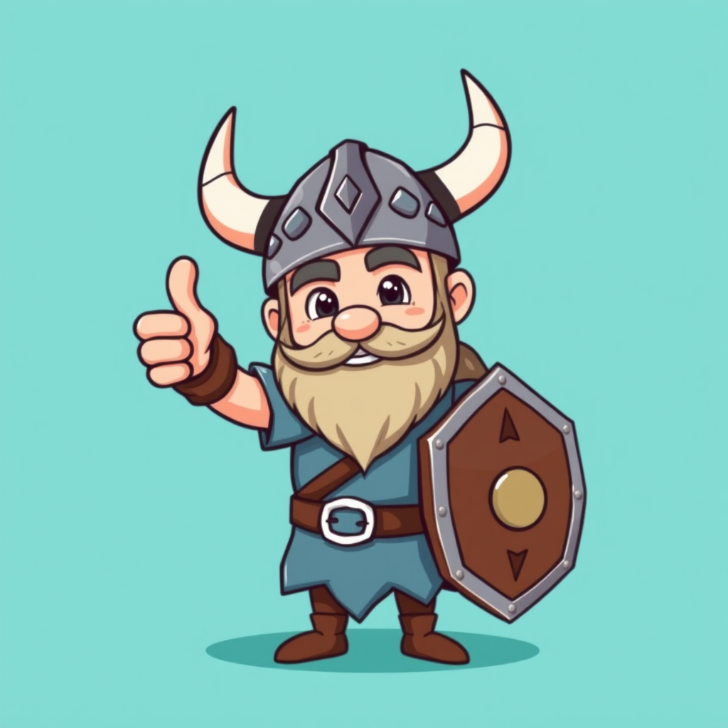 Create a cartoon-style illustration of a Viking character with a helmet and shield, giving a thumbs up, set against a solid turquoise background, using a digital camera with a 50mm lens, f/8 aperture, ISO 100, shot from a slightly elevated angle to enhance perspective and focus on the character's expression.