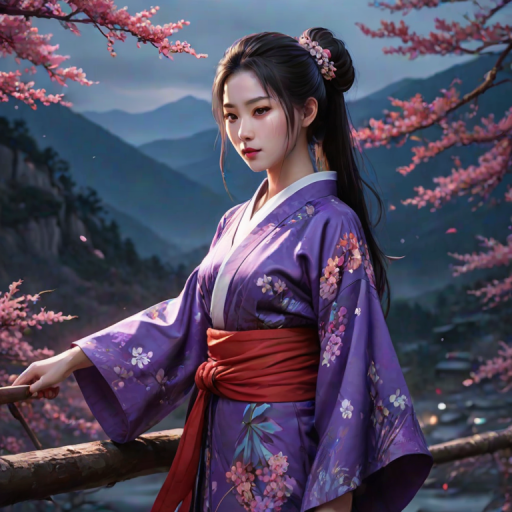 masterpiece, best quality, aesthetic, 8k unreal engine photorealism, ethereal lighting, purple, nighttime, darkness, surreal art, fantasy, glowing, night, (dark environment), Nakiri Ayame, long hair, side ponytail, AyameNewYears, red kimono, floral print, hair flower, sash, wide sleeves, white background, scenery, ink, mountains, water, trees, full body, Unleash a spectrum of colors in a frenetic display, with energetic brushstrokes, splattering paints, and wild color combinations colliding in a truly chaotic manner, from behind,