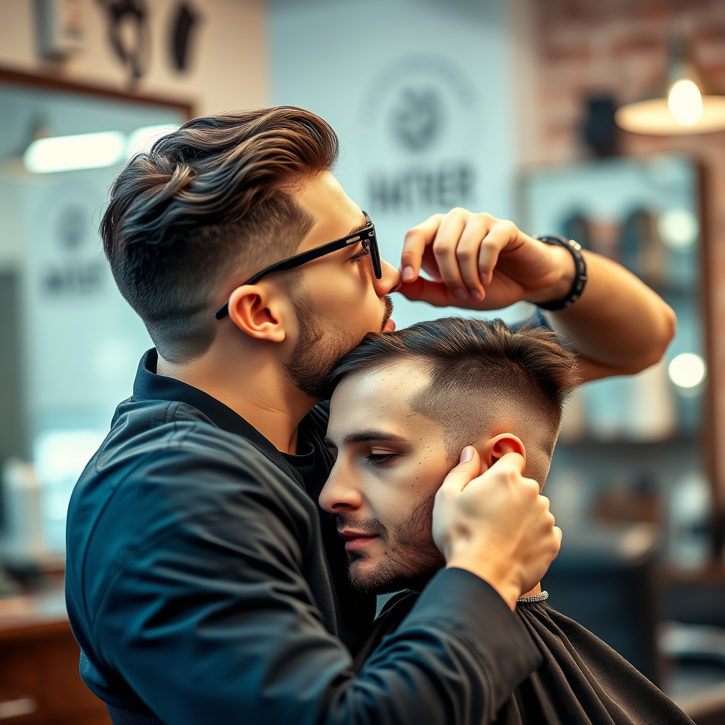 A stylish barber cutting a man's hair in a trendy barbershop, natural lighting, high resolution, 50mm lens, f/1.8 aperture, ISO 200, soft focus background.
