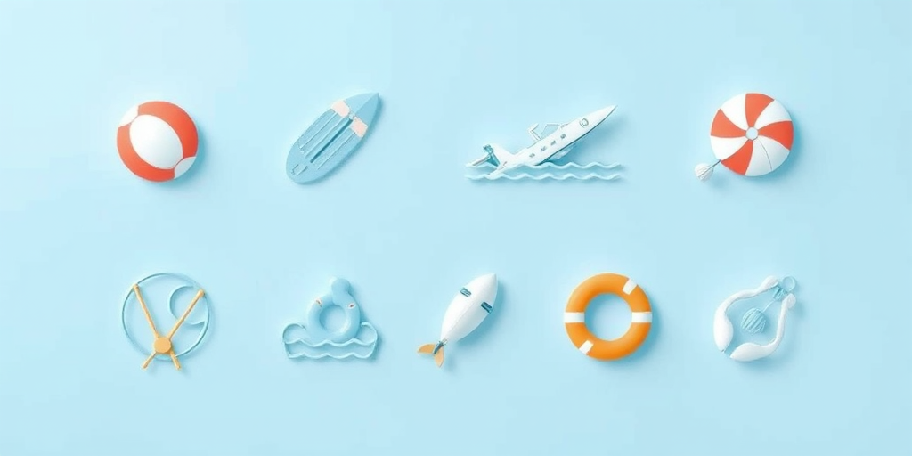 Create an illustration of eight water sports icons on a smooth gradient background, using a Canon EOS R5 with a 50mm f/1.2 lens at f/2.8, ISO 100, 1/250 sec, top-down view, flat lay style for a clean and modern look.