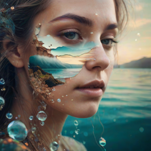 imagine Book cover, A surreal double exposure portrait that blends a woman's face with a beautiful seascape. The overall mood is dreamy and mystical, with rich colors and intricate details