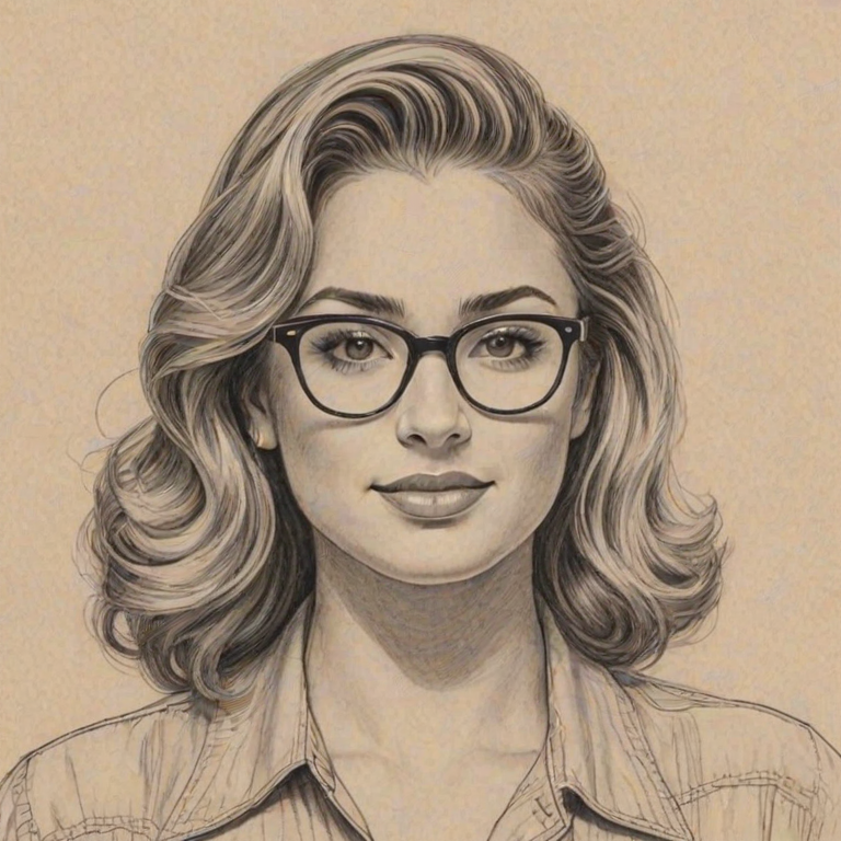 Fetching Ally Brooke, pencil sketch, portrait of Lovely woman 1943s in glasses, hair style beatnik, outline, clear lines, fine lines, 8k