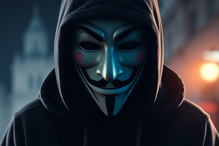 Create a high-resolution digital illustration of a figure wearing a Guy Fawkes mask and a black hooded sweatshirt, with dramatic lighting that emphasizes the mask's features, shot from a close-up perspective using a DSLR camera at f/2.8 aperture, ISO 100, and a 50mm lens to ensure a shallow depth of field and sharp focus on the subject.