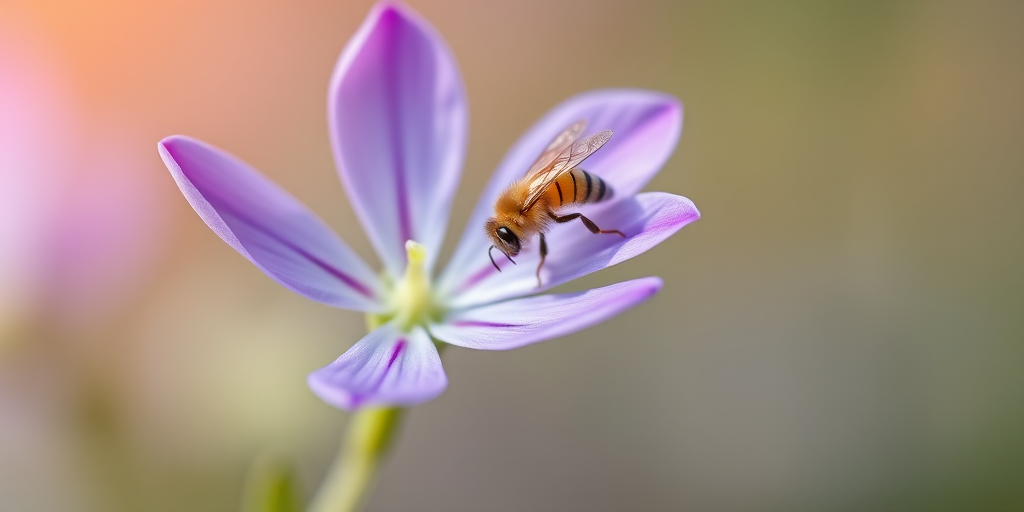 Macro photograph of a violet flower with a bee perched on it, soft focus background, use a Canon EOS 5D Mark IV, aperture f/2.8, shutter speed 1/200 sec, ISO 100, natural light.