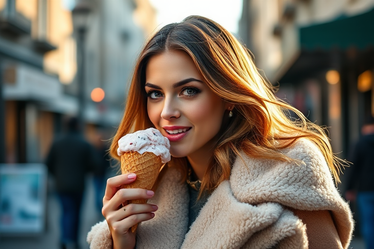 portrait of a woman enjoying an ice cream cone in a stylish shearling jacket, soft natural lighting, shallow depth of field, aperture f/2.8, ISO 100, 50mm lens, shot with a DSLR camera, outdoor urban setting, capturing vibrant colors and detailed textures
