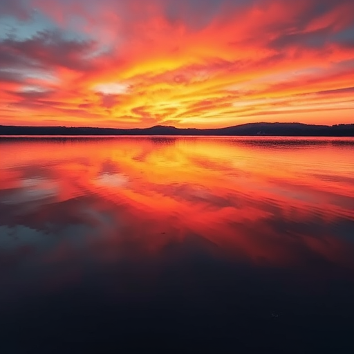 Create a high-resolution image of a serene sunset over a calm lake with vivid colors reflecting on the water, taken with a DSLR camera at 50mm, f/2.8, ISO 100, with a wide-angle view and natural lighting.