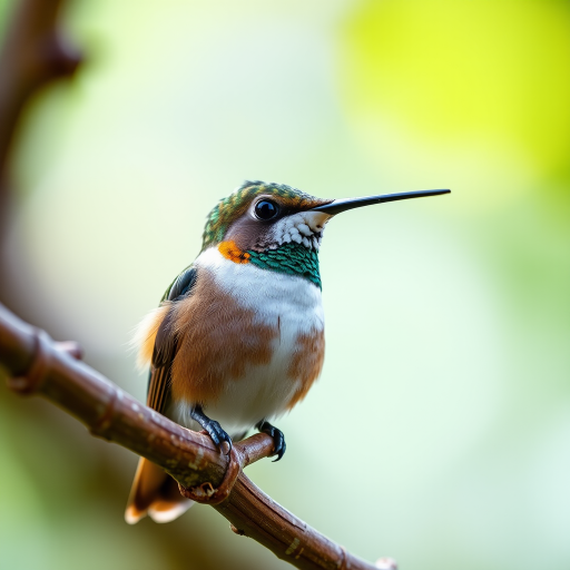 Capture a high-resolution close-up of a hummingbird perched on a branch, with natural bokeh in the background, using a Canon EOS 5D Mark IV, 200mm lens, f/2.8 aperture, ISO 400, 1/1000s shutter speed, and soft daylight for vibrant colors and details.