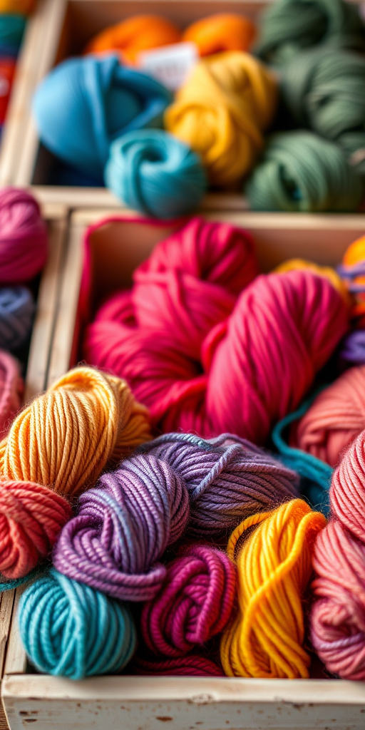 Photograph a vibrant arrangement of colorful yarn skeins in wooden crates, using a DSLR camera with a 50mm lens, aperture set to f/2.8 for a shallow depth of field, ISO 200, and a macro perspective to capture intricate details and textures.