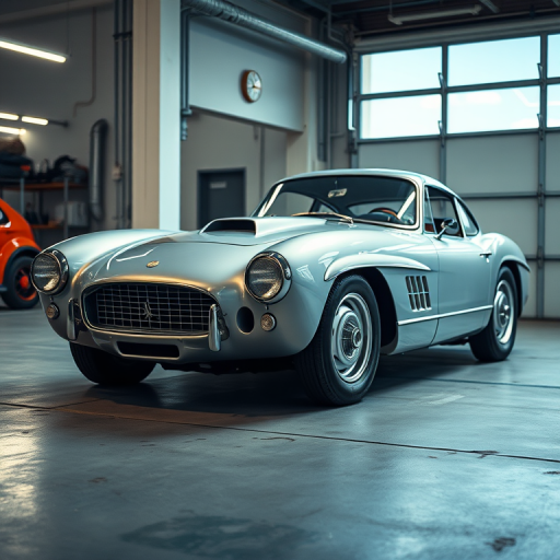 Regenerate a vintage silver sports car parked in a modern garage setting, using a Canon EOS R5 camera with a 50mm lens, aperture f/1.8, ISO 200, and a shallow depth of field for a cinematic effect.