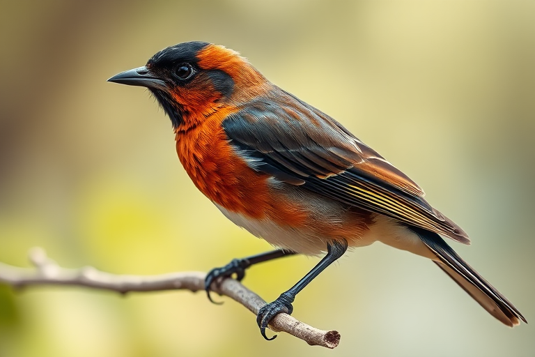 A detailed illustration of a brown and black bird perched on a branch, captured using a Canon EOS 5D Mark IV, 50mm lens, f/4 aperture, ISO 100, in natural light, focusing on intricate feather textures and vibrant coloring, with a shallow depth of field to softly blur the background.