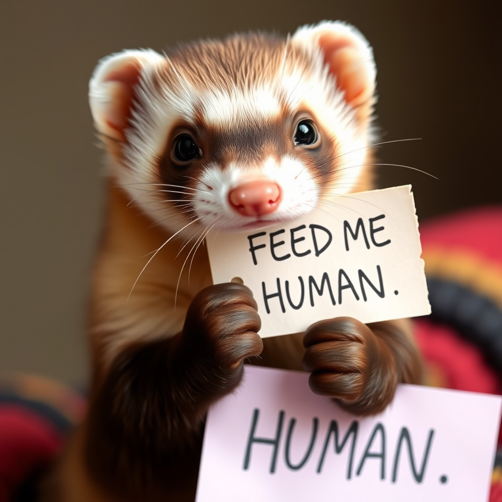 Ferret holding a note which says "FEED ME HUMAN"