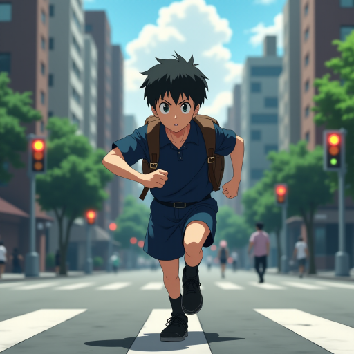 In the Japanese boondocks photorealistic anime, the camera focuses on strong muscular sideview of 9 year old boy his perfect face conveys powerful mighty passion, wearing black school dress-shoes, wearing dark blue matching school uniform. he runs lightly across wide busy city street. with stoplights in backdrop, The animation highlights the dynamic of the boy's clothes and hair blowing in the wind as he moves around, wearing leather backpack,