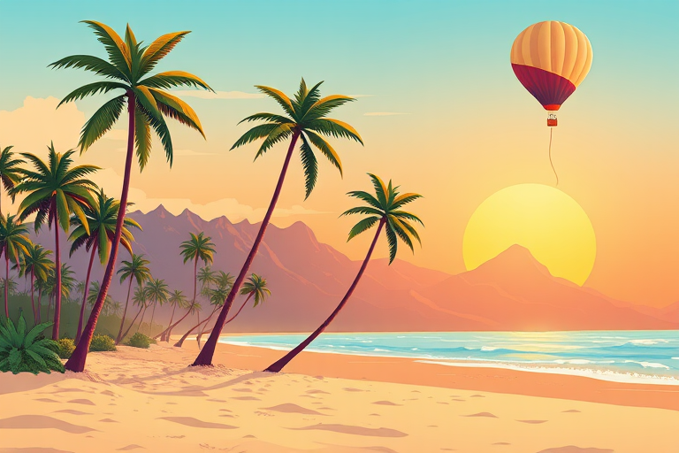 generate a vibrant illustration of a tropical landscape featuring a sandy beach, tall palm trees, a mountain range, a large sun setting in the background, and a hot air balloon floating above, with bright colors and smooth lines, shot with a DSLR camera at f/8 aperture, ISO 100, 24mm lens, landscape orientation for enhanced clarity and detail