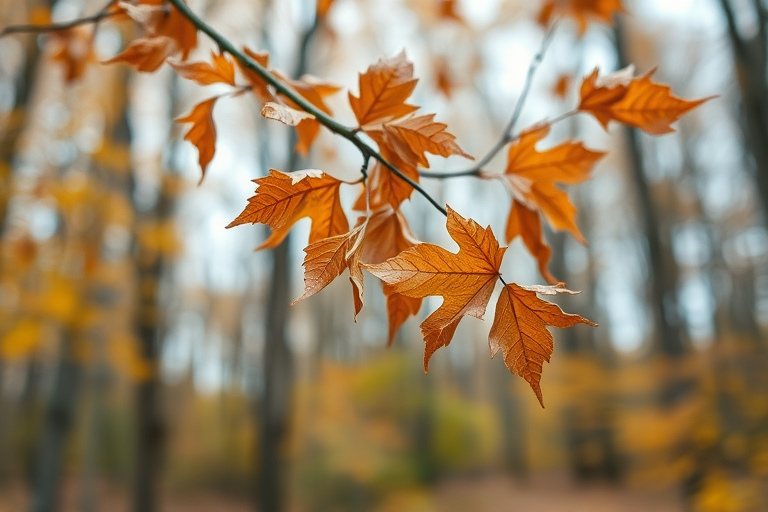 regenerate an image of a close-up view of a branch with dry, brown leaves in a forest setting during autumn, capturing the details of the leaves and the blurred background