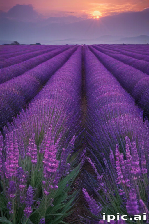 Stunning Lavender Fields Under a Beautiful Sunset in Serene Landscape