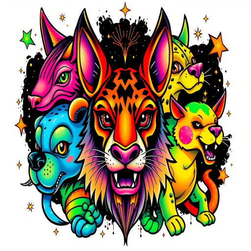 Hyper-color new school tattoo titled "Psychedelic Menagerie" featuring exaggerated cartoon-like animal characters in impossibly vibrant hues bold black outlines contain explosive color gradients and patterns creating a visually striking and playful design that pushes the boundaries of traditional tattooing