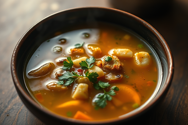 create a realistic image of a steaming bowl of soup with intricate details, soft lighting, shallow depth of field, 50mm lens, f/1.8 aperture, ISO 200, taken from a top-down angle using a DSLR camera