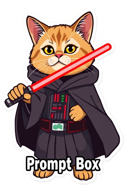 Sticker design, content cat wearing a  Dartvader  robe and holding red  lightsaber, promoting a message with the words "Prompt Box", flat bright colors, isolated on a white background, illustration