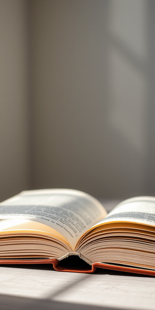 A high-resolution open book on a flat surface with a soft focus background, shot with a DSLR camera at f/2.8, ISO 100, 50mm lens, using natural light to enhance shadows and depth.