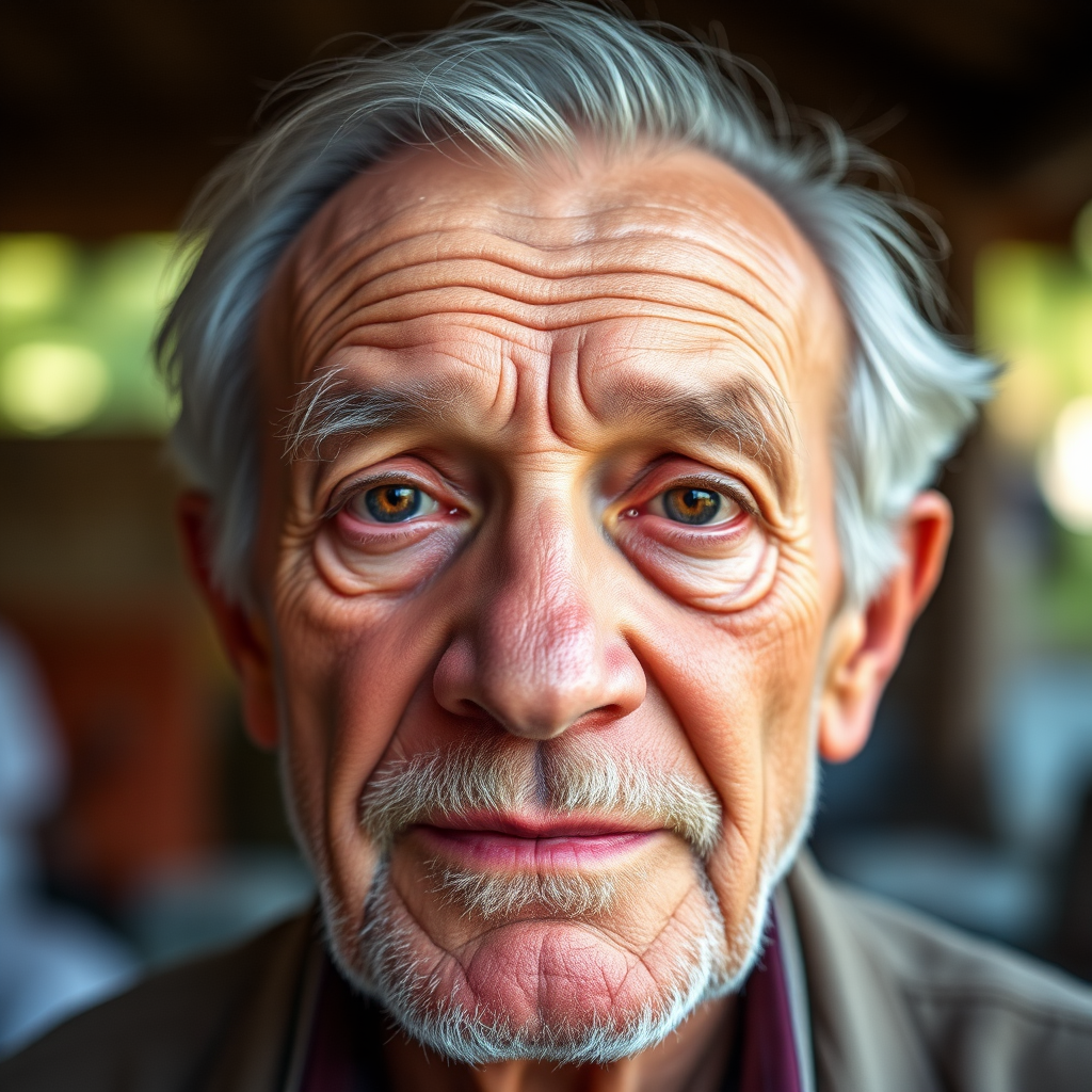 Capture a close-up portrait of an elderly man with expressive features, natural outdoor lighting, aperture f/2.8 for a shallow depth of field, ISO 100 for minimal noise, 50mm lens for sharp focus, using a DSLR camera.