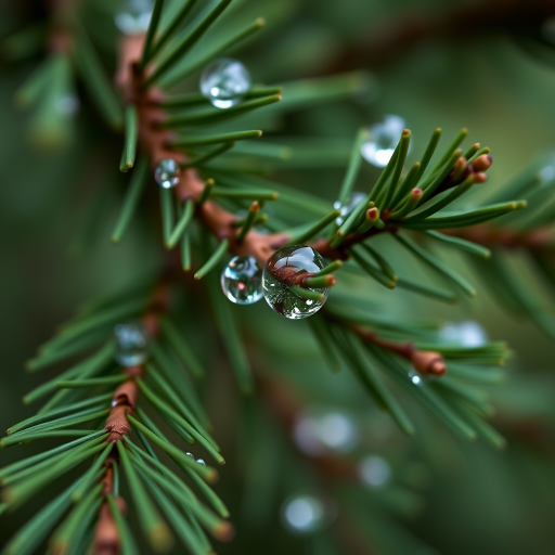 macro shot of pine branches with droplets of water, shallow depth of field, f/2.8 aperture, ISO 100, 1/200 sec shutter speed, 50mm lens, natural light, DSLR camera, focus on water droplets