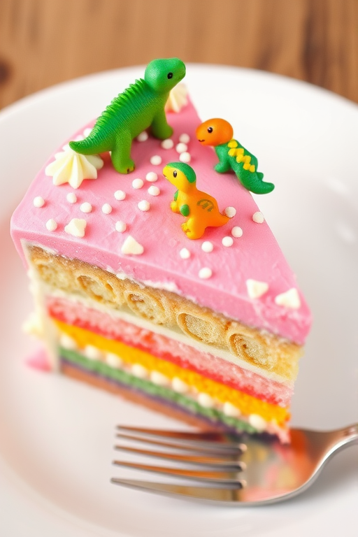 A slice of colorful layered cake with pink frosting and white icing on top adorned with small decorative sprinkles and dinosaur-shaped candy decorations on the frosting, served on a white plate with a fork beside it.