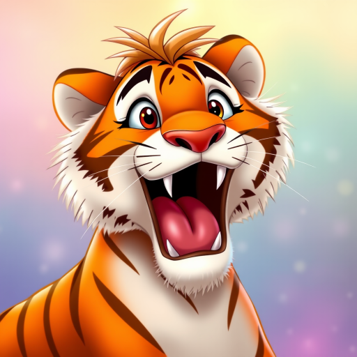 Disney style, cartoon illustration of an orange and white tiger with messy hair smiling very wide open mouth showing, in the Disney Pixar animation style, in the style of Don Bluth, full teeth body, with a very detailed face, very detailed eyes, very detailed fur, full color, very colorful, with a very colorful background, soft pastel colors, high resolution, high quality, high detail, hyper realistic