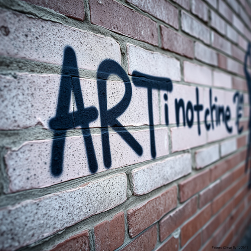 Graffiti message "ART is not a crime" on a textured brick wall, shot with a DSLR camera, 50mm lens, aperture f/1.8, ISO 200, natural lighting, close-up view for enhanced detail.