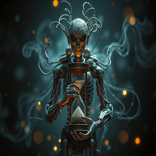 Create an image of a humanoid figure composed of intricate mechanical and organic elements, holding an hourglass, in a dark, ethereal environment with swirling lights, captured with a Canon EOS R5, 50mm lens, f/1.4 aperture, ISO 100, 1/200 sec shutter speed, with a soft focus and high dynamic range.