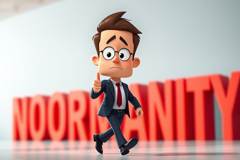 cartoon character of a businessman in a suit walking with a worried expression, thumbs up, large text saying normality in the background, shot with a DSLR camera at f/8 aperture, ISO 100, 50mm lens, shallow depth of field, bright lighting, high contrast, vivid colors