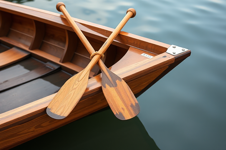 Create a high-resolution image of a wooden rowboat with two oars resting on its side, captured from a side view using a DSLR camera with a 50mm lens, aperture set to f/2.8, ISO 100, and natural lighting for enhanced details and clarity.