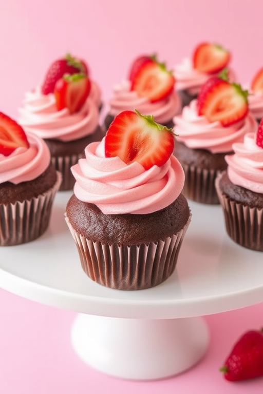A collection of chocolate cupcakes with pink swirled frosting topped with fresh strawberry slices on a white cake stand with a soft pink background.