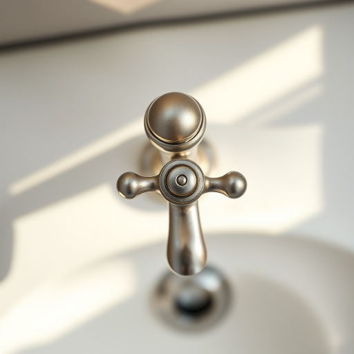Create a high-resolution image of a vintage tap with elegant curves in a minimalistic style, captured with a DSLR camera at f/2.8 aperture, ISO 100, shutter speed 1/60, top-down view, using natural lighting for enhanced quality.