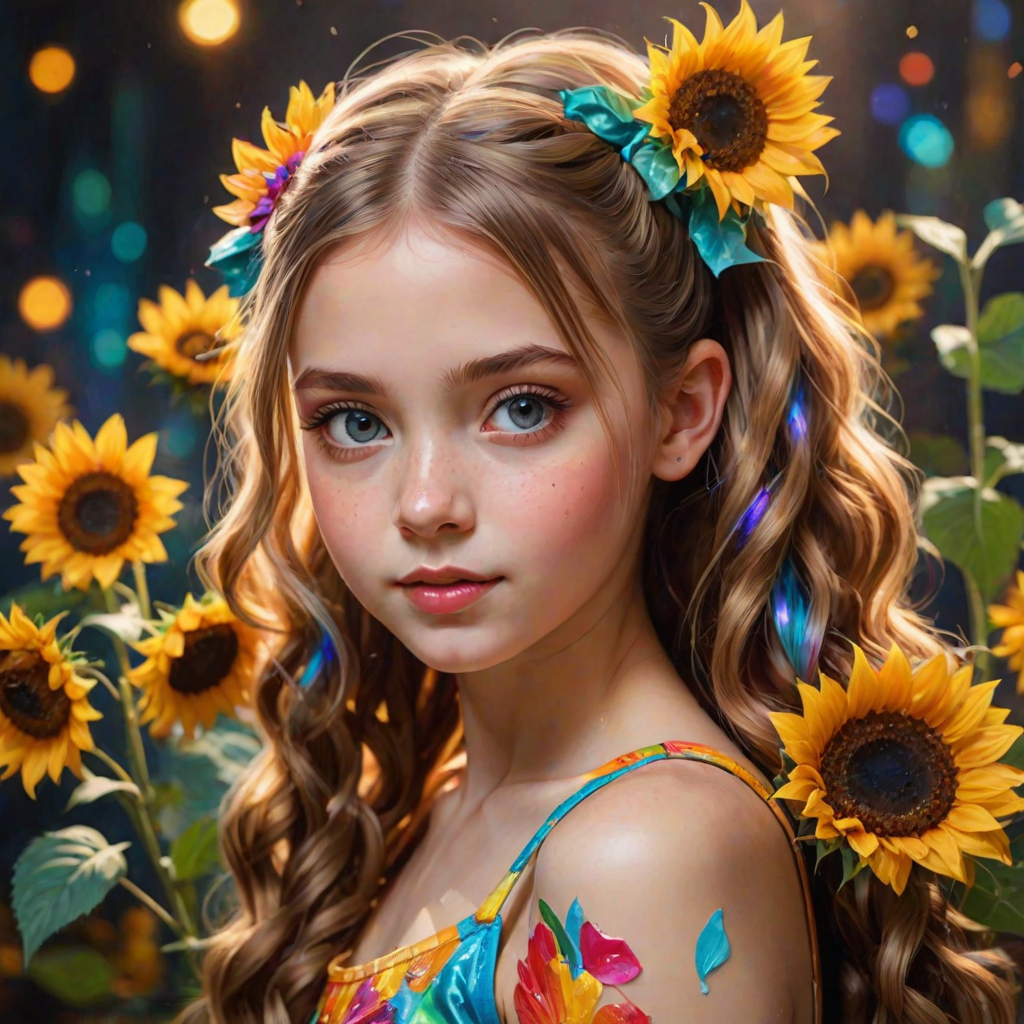 Superfine painterly A pretty girl with pigtails with a giant LED sunflower with multicolored petals that shimmer and shine