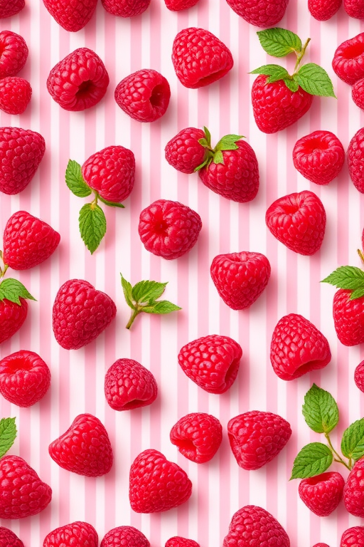 Generate a seamless pattern design featuring realistic raspberries on a light pink striped background, using a DSLR camera with a 50mm lens at f/2.8, ISO 100, shot from an overhead perspective to enhance detail and texture.