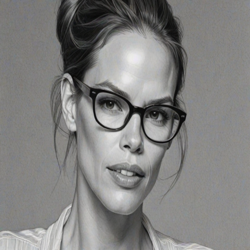 Fascinating Hilary Swank, pencil sketch, portrait of Charming woman 1961s in glasses, hair style beatnik, outline, clear lines, fine lines, 8k