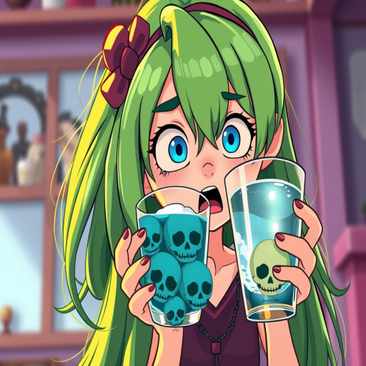 Create an illustration of a cartoon character with long green hair holding a glass of water with floating skulls, emphasizing a surprised expression, in vibrant colors, using a Canon EOS R5 camera with a 50mm f/1.2 lens, shot in natural light from a 45-degree angle to enhance detail and depth.
