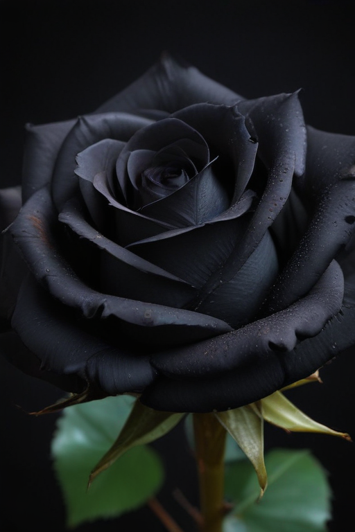 Elegant Black Rose with Dew Drops Against a Dark Background