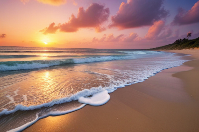 Serene Sunset Over Tranquil Ocean Waves and Sandy Beach Landscape