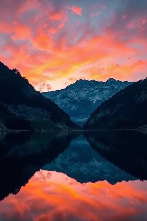 A serene mountain landscape at sunset with reflections in a calm lake, featuring vibrant colors in the sky, soft lighting, a low angle view, captured with a full-frame DSLR camera set to f/8 aperture, 24mm focal length, ISO 100, and a long exposure of 1/4 second.