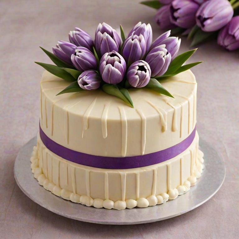 Create an elegant two-tier cake with a white chocolate collar, adorned with purple tulips on top. The design should feature a smooth, creamy finish, with a rich ribbon wrapped around the base of each tier. The background should be dark to highlight the cake's colors.