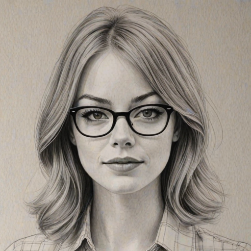 Delightful Emma Stone, pencil sketch, portrait of Ravishing woman 1969s in glasses, hair style beatnik, outline, clear lines, fine lines, 8k