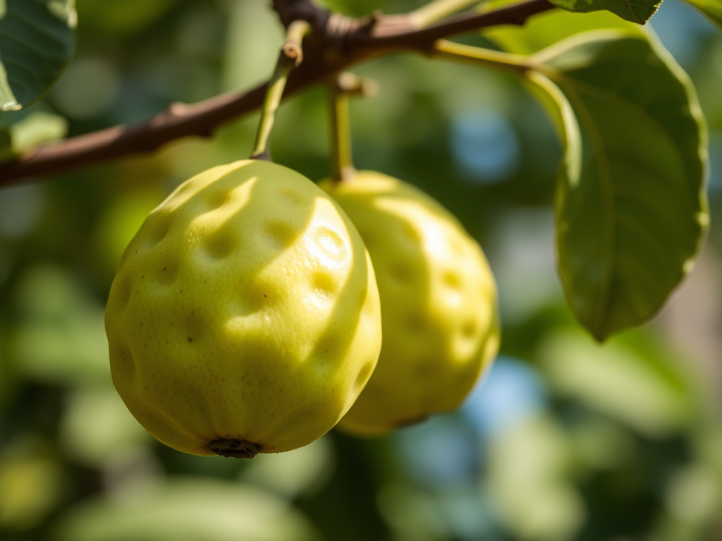 Photograph two green cherimoya fruits hanging on a branch, macro view with a shallow depth of field, f/2.8 aperture, ISO 100, 50mm lens, natural sunlight, slight bokeh background for enhanced focus on the fruits.